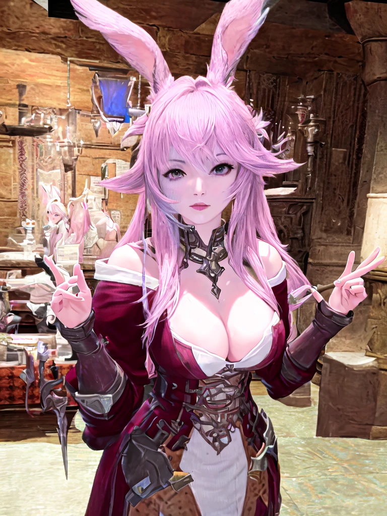 There is a woman with pink hair and bunny ears standing in a room, final fantasy style 14, final fantasy 14 sharp, neferpitou, Final Fantasy XIV, Final Fantasy 1 4 screenshot, She is in the potions workshop, wearing cyber bunny ears, ffxiv, close-up portrait of an artificer, Final Fantasy 1 4, tiflin hermosa con su traje de caballera negra sosteniendo una espada en un lobby del juego y pose de guerrera