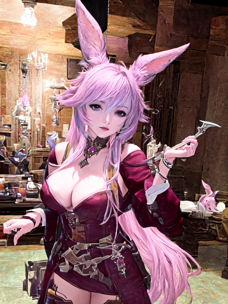 There is a woman with pink hair and bunny ears standing in a room, final fantasy style 14, final fantasy 14 sharp, neferpitou, Final Fantasy XIV, Final Fantasy 1 4 screenshot, She is in the potions workshop, wearing cyber bunny ears, ffxiv, close-up portrait of an artificer, Final Fantasy 1 4, tiflin hermosa con su traje de caballera negra sosteniendo una espada en un lobby del juego y pose de guerrera