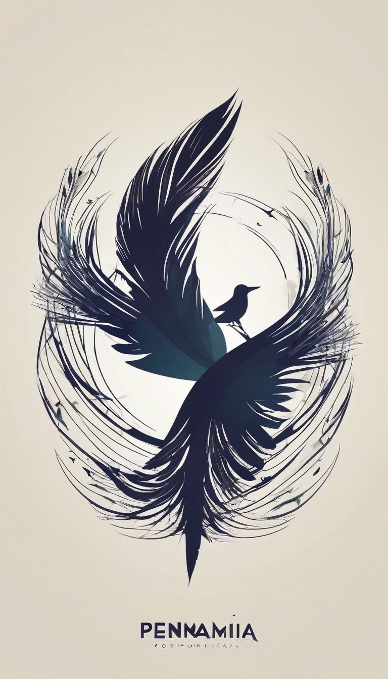 Create a symmetrial, abstract logo of two birds and a boy guitarist. As a symbol, create a feather as the special symbol for a creative brand called " Penamemoria". The logo should represent the companionship between a boy musician, A Storyteller Fantasy Bird and a Dreamy Feather. Minimalist symbol design