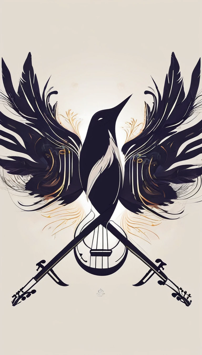 Create a symmetrial, abstract logo of two birds and a boy guitarist. As a symbol, create a feather as the special symbol for a creative brand called " Penamemoria". The logo should represent the companionship between a boy musician, A Storyteller Fantasy Bird and a Dreamy Feather. Minimalist symbol design