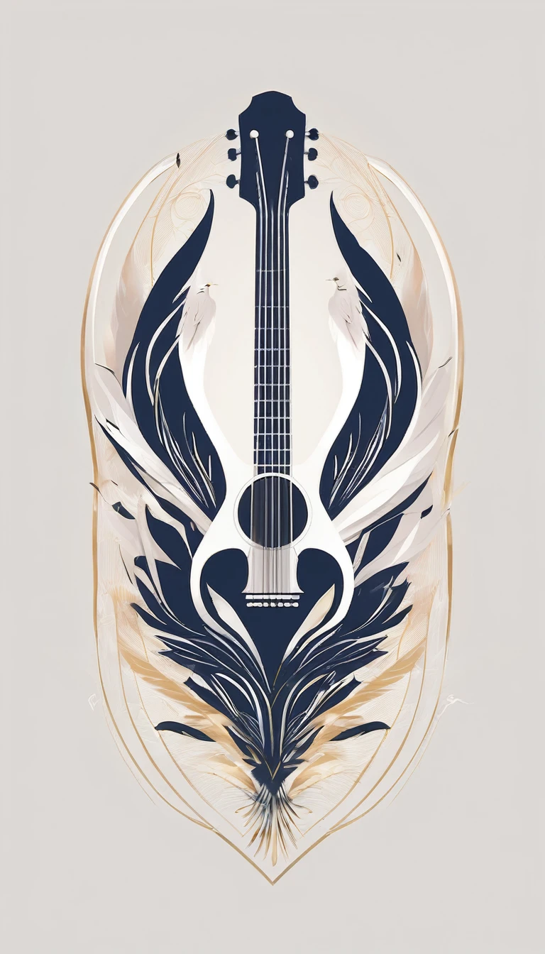 Create a symmetrial, abstract logo of two birds and a boy guitarist. As a symbol, create a feather as the special symbol for a creative brand called " Penamemoria". The logo should represent the companionship between a boy musician, A Storyteller Fantasy Bird and a Dreamy Feather. Minimalist symbol design