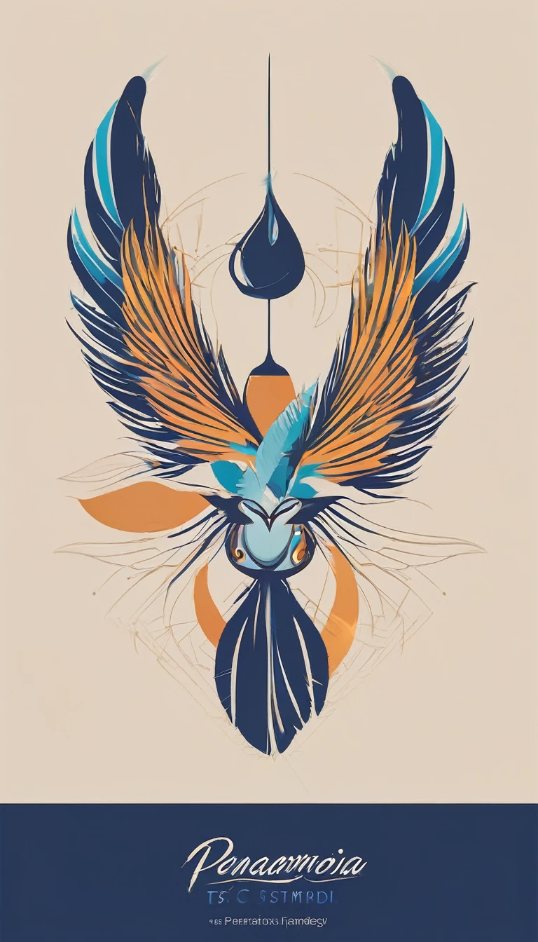 Create a symmetrial, abstract logo of two birds and a boy guitarist. As a symbol, create a feather as the special symbol for a creative brand called " Penamemoria". The logo should represent the companionship between a boy musician, A Storyteller Fantasy Bird and a Dreamy Feather. Minimalist symbol design