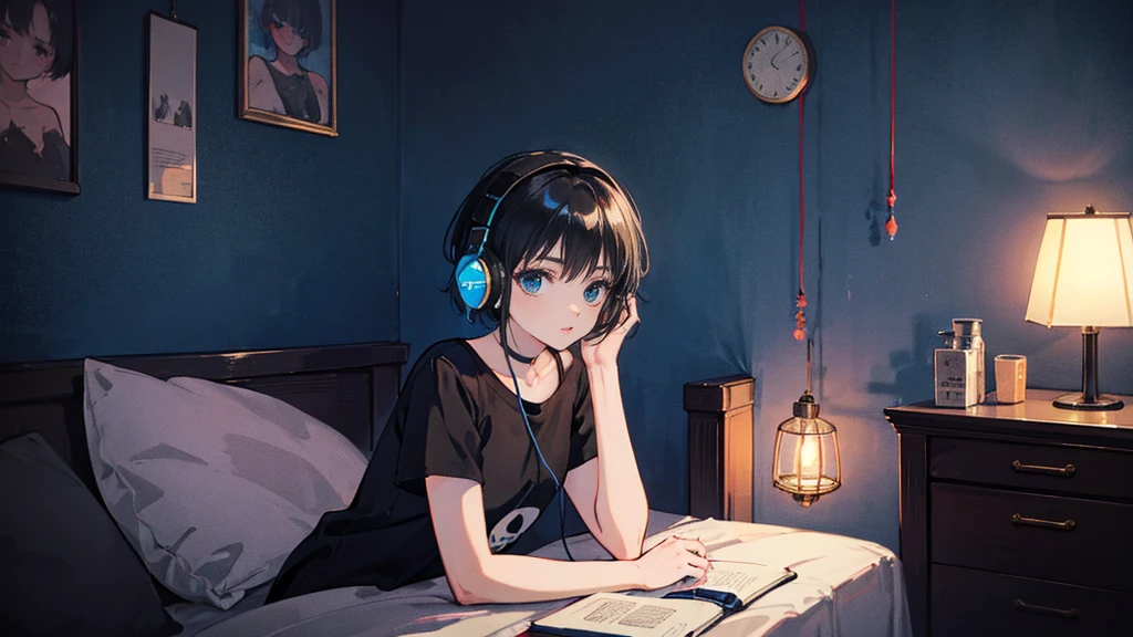 Black short Hair, Black Clothing, One Adult Woman Looking Sideways ,Blue headphones、 Delicate background、Masterpiece、night、dark、Nostalgic、night lighting、Inside the room、Barely