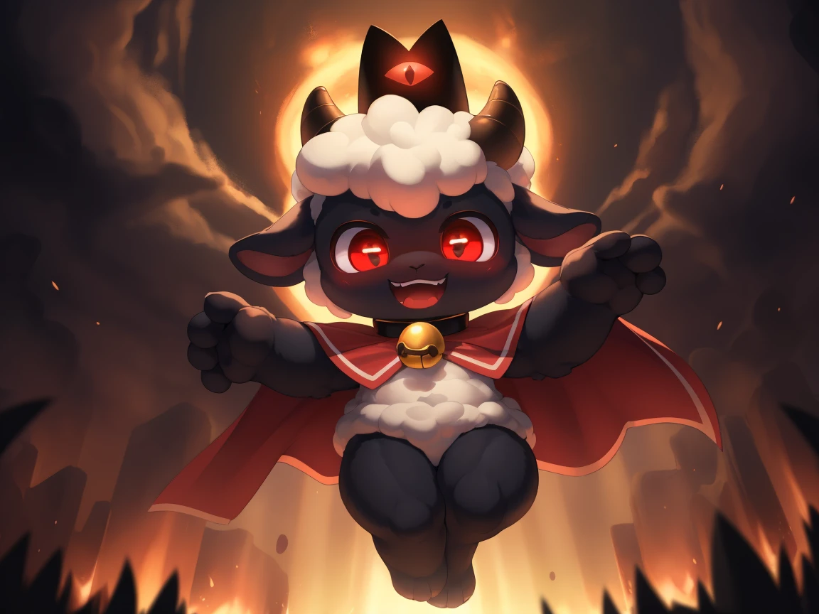 male anthro sheep, cub, (chibi), cute-fine-face, ultra cute face, cute, glossy black skin, shiny white wool, glossy black fur, ((floating)), in the air, triumphant pose, ((reflective eyes)), expressive eyes, detailed big hands, red crown, golden bell collar, detailed red cape, (horizontal pupils), red eyes, glossy black horns, glossy wool, body wool, leg wool, arm wool, evil laugh, Very good figure, best quality, highres, 16k, Natural soft light, Tyndall effect, Advanced film lighting, Unreal Engine5, Extremely realistic, A high resolution, perfect masterpiece, high quality, high resolution