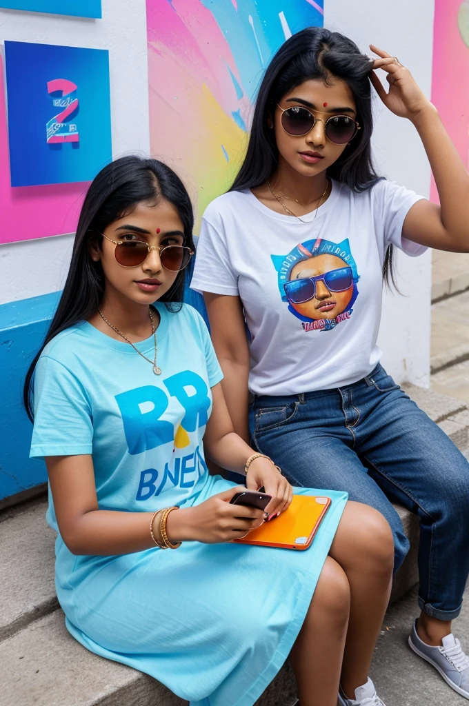 a 3D image of a 23 year old Indian couple sitting on a smartphone wearing modern casual dress with sunglasses. The background features splashes of colorful water along with social media logos of Instagram, Facebook, Whatsapp, Twitter, etc. The boy’s T-shirt has written “KUMAR” and the Girl’s T-shirt has written “SNEHA” in big bold letters.