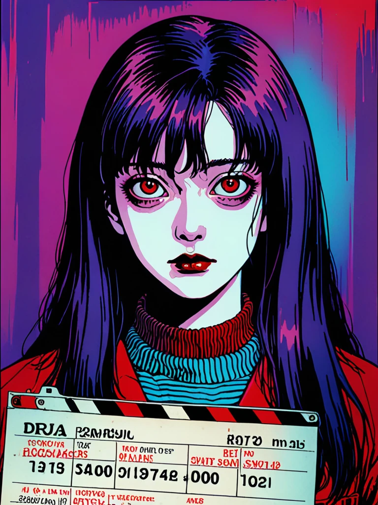 illust、art、from 80s horror movie, directed by Junji Ito、darkness、Serial killer、Mugshot、high detail, realsitic shadow、Analog style, vhs style, 8mm film, chromatic aberration, Dvd screengrab、Blue-purple and red-purple gradation、Surrealism