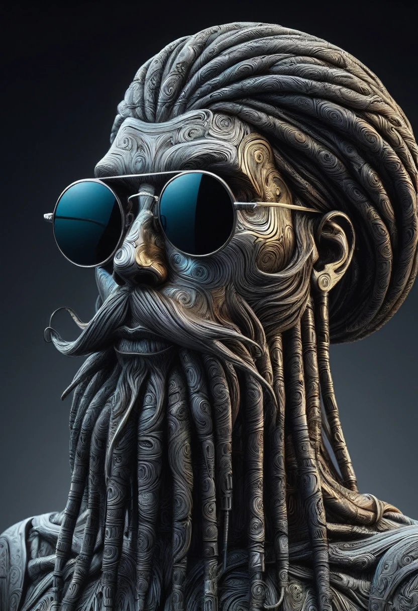 Retro-Futuristic Sculpture Made from Thousands of Blocks of Acid-Etched Damascus Steel, 3D floating head of a Rastafarian, View from the side, return, look up, Full head of dirty braids, (pilot, Mirror Sunglasses:1.2), A dreadlocked beard, Damascus pattern, cold steel, Backlight, High reflectivity, dark gradient background, Volumetric Fog