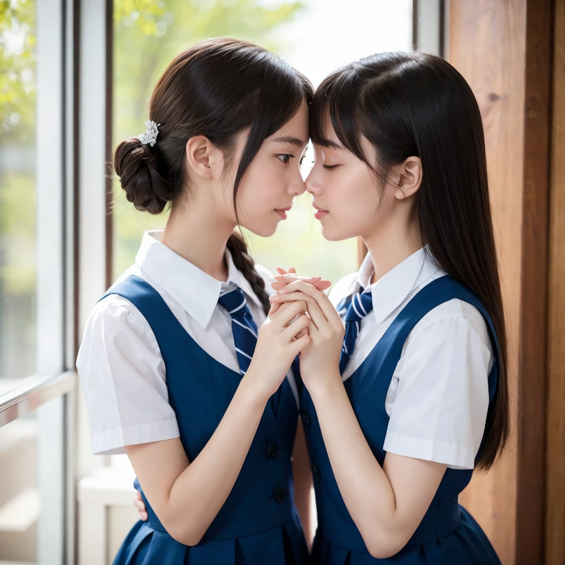 (masterpiece, best quality), perfect anatomy, perfect hands, two school girls are deeply in love with each other,