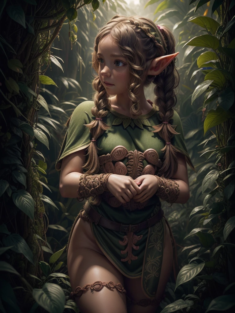 ((curly pigtails hair girl)), ((only anatomical hands)), full body, ((wearing a elf cloth)), in high technology over plant grown jungle, 8k, RAW photo, best quality, masterpiece, high detail RAW color photo, dramatic lighting, cinematic lighting, back light, professional lighting