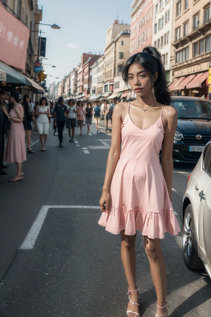 (((best quality))),(((ultra detailed))),(((masterpiece))),illustration,1girl,slim,sun-kissed skin,(vibrant rose-pink cotton dress:1.2),short ponytail,flat chest,navel,slender legs,pantyhose,sandals,standing, bustling city streets, honking cars,surrounded by crowded crowds, colorful advertisements,grilled skewers,enjoying sights and sounds,(dark black skin:1.5),day scene
