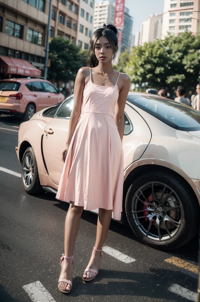 (((best quality))),(((ultra detailed))),(((masterpiece))),illustration,1girl,slim,sun-kissed skin,(vibrant rose-pink cotton dress:1.2),short ponytail,flat chest,navel,slender legs,pantyhose,sandals,standing, bustling city streets, honking cars,surrounded by crowded crowds, colorful advertisements,grilled skewers,enjoying sights and sounds,(dark black skin:1.5),day scene