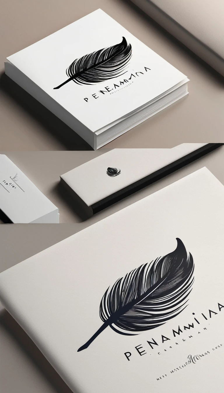 A minimal, modern, simple, cinematic logo design for the brand “Penamemoria". The logo design must be a simple boy and a feather. The logo must convey a sense of music, stories and dreams. Logo design impressed on a book cover. Minimalistic logo
