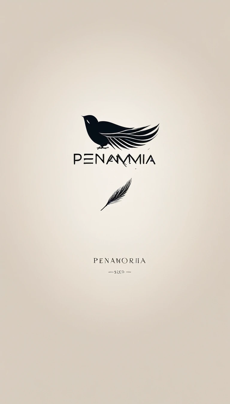 A minimal, modern, simple, cinematic logo design for the brand “Penamemoria". The logo design must be a simple boy and a feather. The logo must convey a sense of music, stories and dreams. Logo design impressed on a book cover. Minimalistic logo
