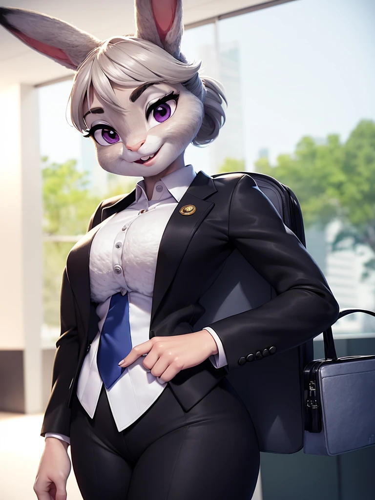 best quality, masterpiece, 3D anime, (((solo))), (((1girl))), ((Face is JudyHopps)), (long ears like a rabbit:0.8), Heir is in a black ponytail style, Body is human lady, (She wear navy blue business suit, tailored jacket, white blouse, skirt:0.9), (the suit is made of wool:1.4), ((skin is silver with fluffy and fluffy)), (portrait view), In the background there is a office space, ((Her expression shows a fresh fresh smile)), ((She has a business bag on her side))
