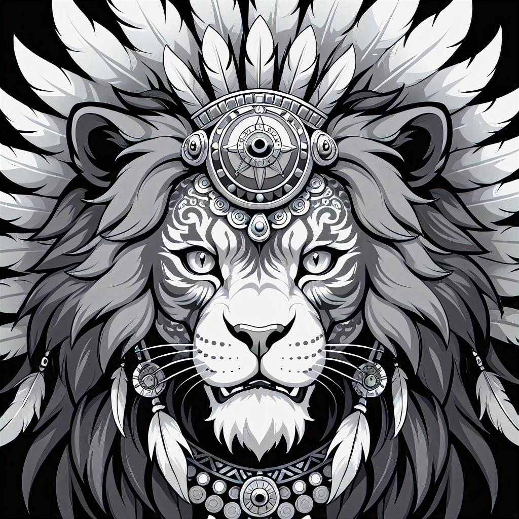 mictecacihuatl lion god of death black and grey vector style , highly detailed lion as face with feather headdress