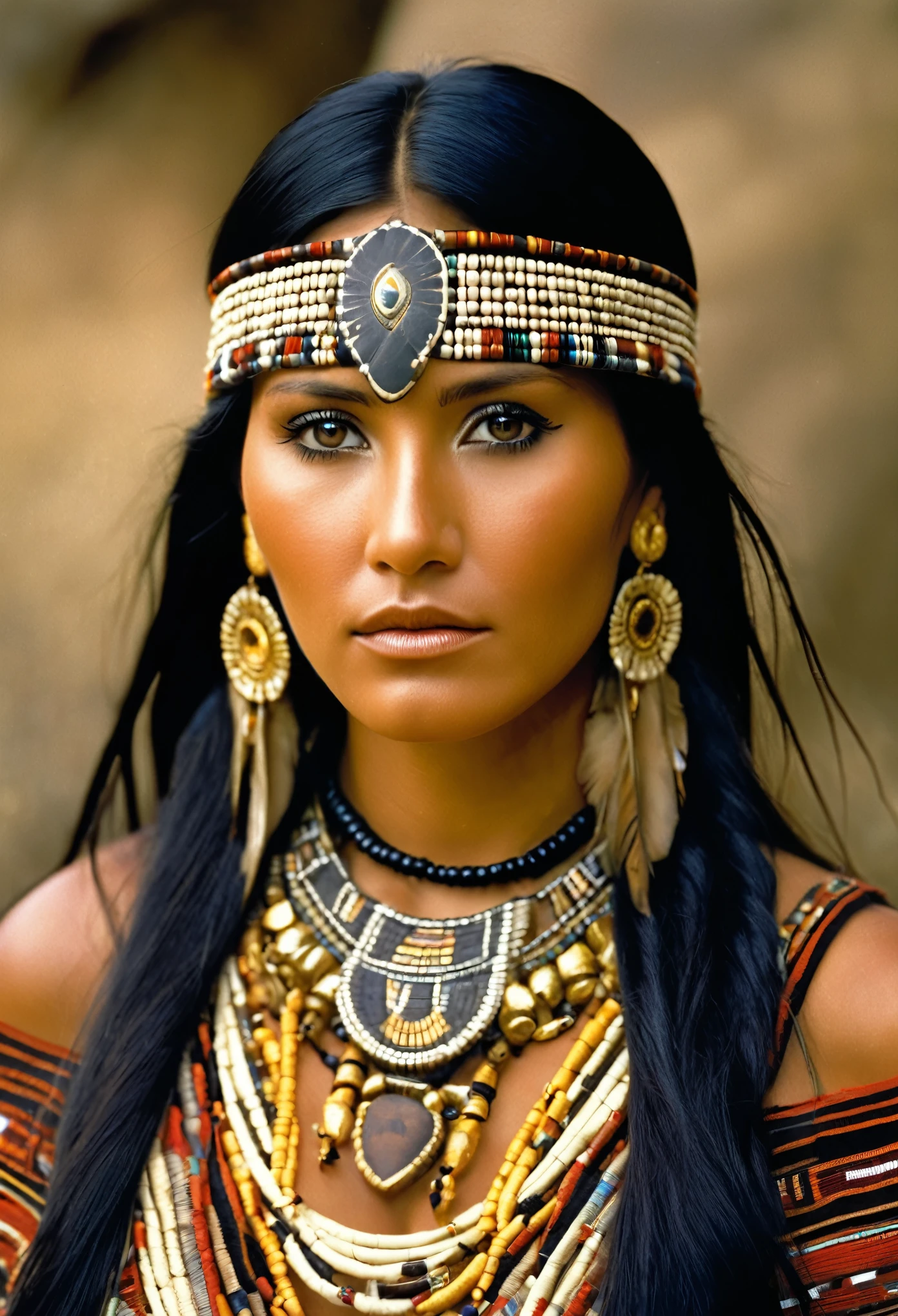 native American, the era of colonization, Aztecs, Maya, Incas, woman, with long black loose hair, dark skin, golden eyes, feather jewelry, traditional Inca coloring, traditional Maya clothing.