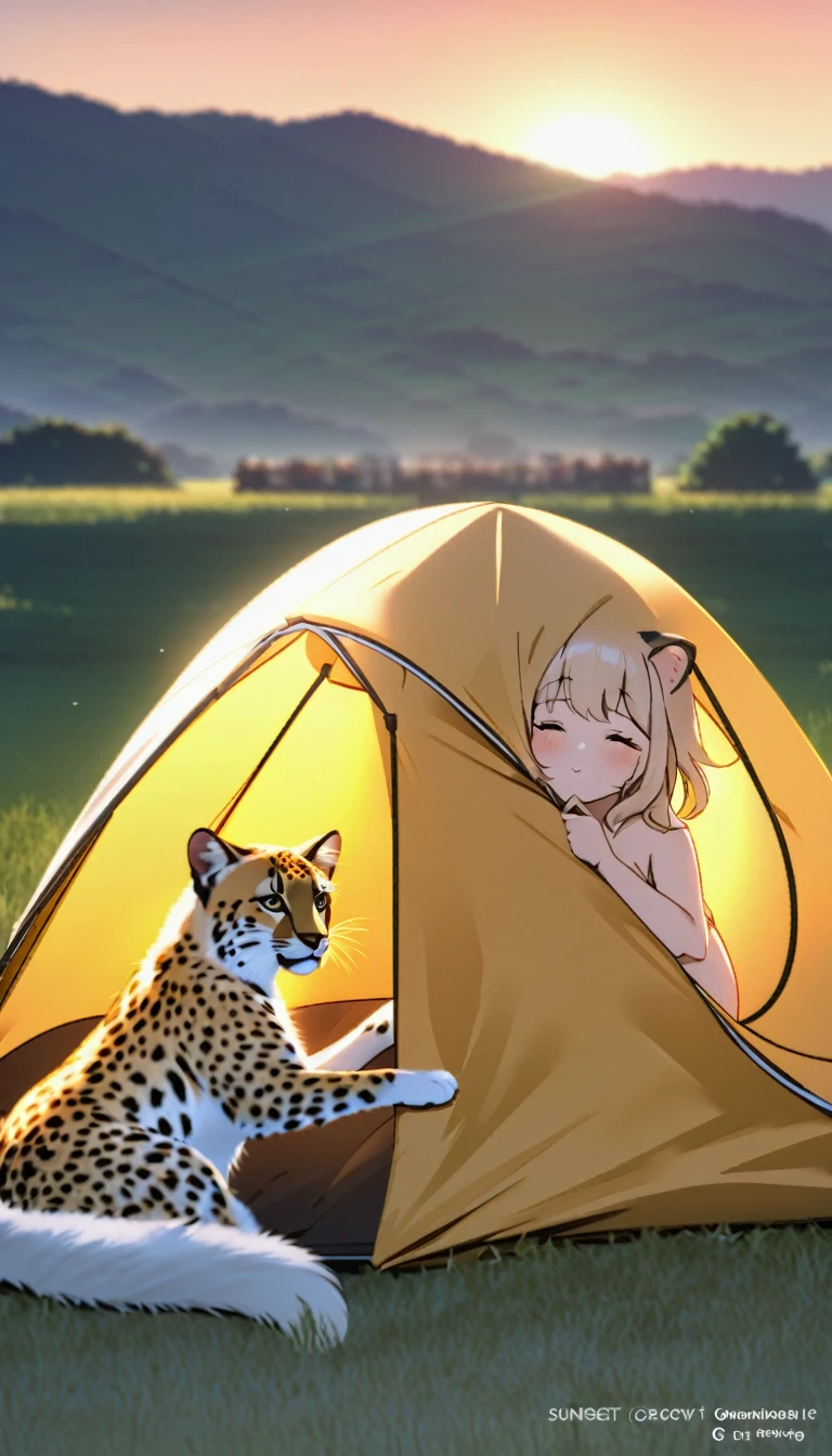 Highest quality、Masterpiece、Sunset Savanna、tent、tentで寝る女性:1.37、sleeping bag、Sleeping with a cheetah、