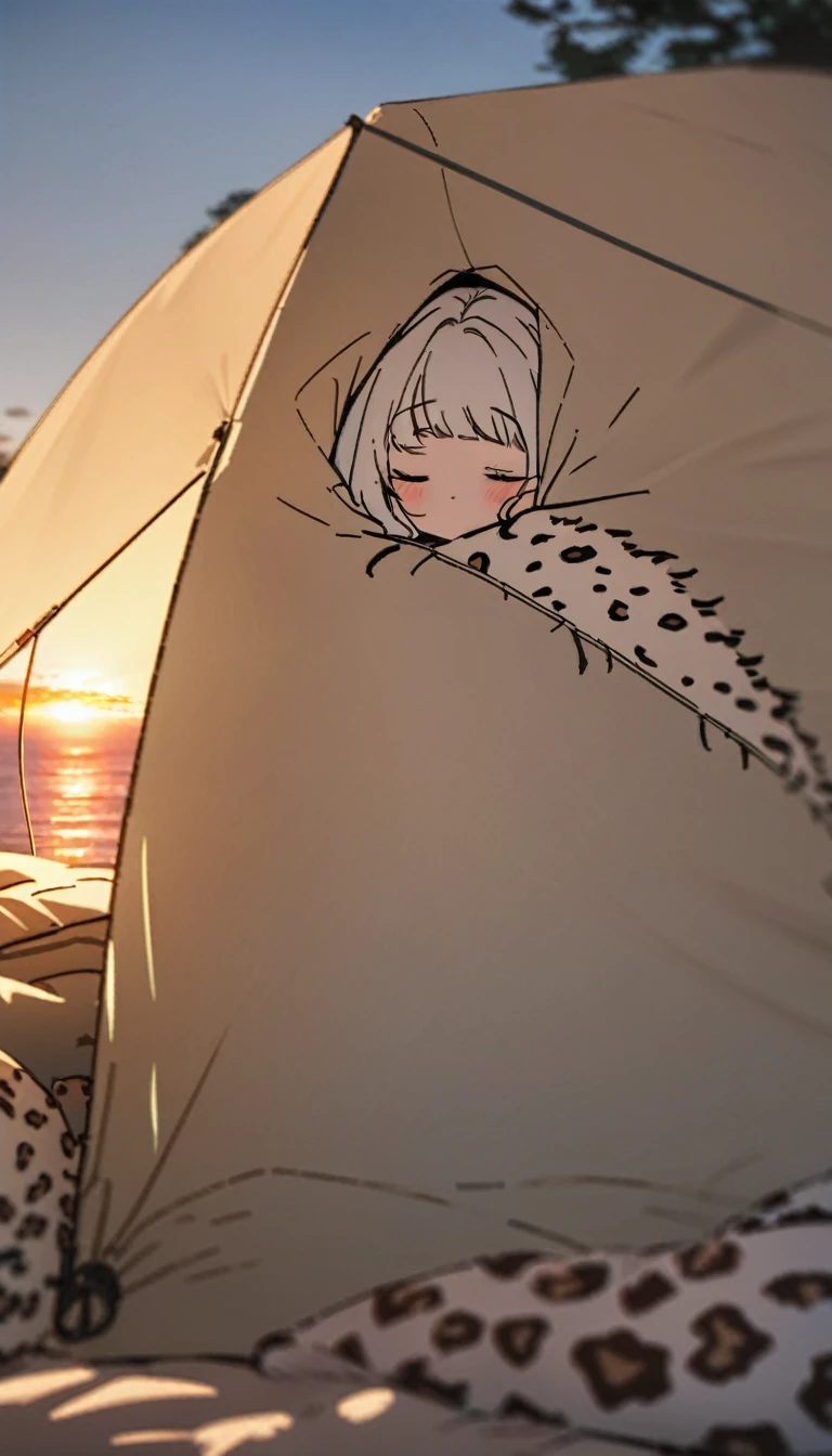 Highest quality、Masterpiece、Sunset Savanna、tent、tentで寝る女性:1.37、sleeping bag、Sleeping with a cheetah、
