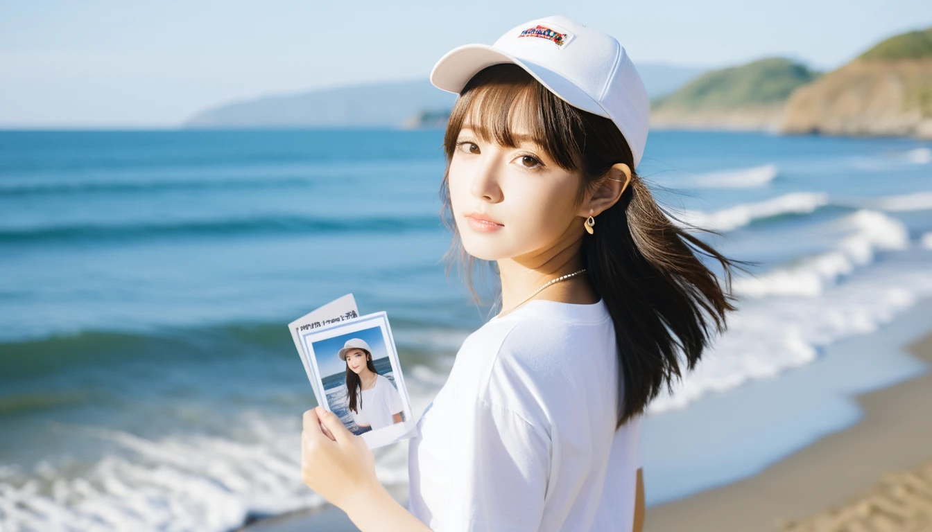 best quality, masterpiece,
Analog photo of Japanese idol girl wearing white t-shirt and hat backwards, looking at viewer, long hair, Headshots, hold one's hair with one's hand, enlargement, very beautiful detailed face, medium chest, (Cute face, looks tempting), eye level,
professional photos, high contrast exposure, soft bokeh, high key light, solid shadow, soft bokeh, wind, Coastal background with waves, wearing tiny earrings and a very thin necklace