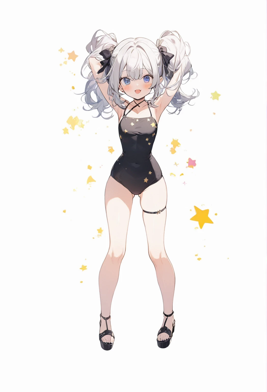 1 woman, bikini,black swimsuit, The side is open,  cute star pattern, black sandals, 