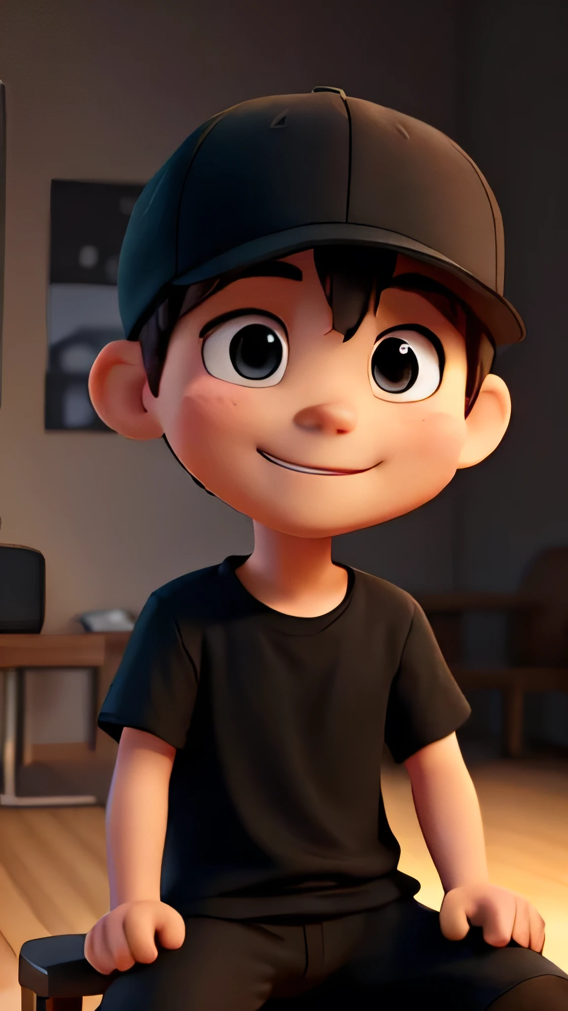 He is wearing a plain white T-shirt and a black cap,Plain black cap,A simple white t-shirt,Simple black cap,tall,A completely plain white T-shirt and a black cap,good looking,Big eyes,Japanese,Baseball Cap,Small Nose,good looking,tall,Looking at the camera from the front,(Background blur) (Highest quality) (Detailed skin) (Detailed Texture) (8K) (clay) (Cinema Lighting) ,Sitting on a chair and exposing the upper half of my body、He is the leader of the class、Is giving a presentation、Able to work、Presentation Venue、Be confident、Eyes are also smiling、leadership、smile、Close-up Character, Character pose、いsmile、Ambient lighting、A little dark studio、Spotlight