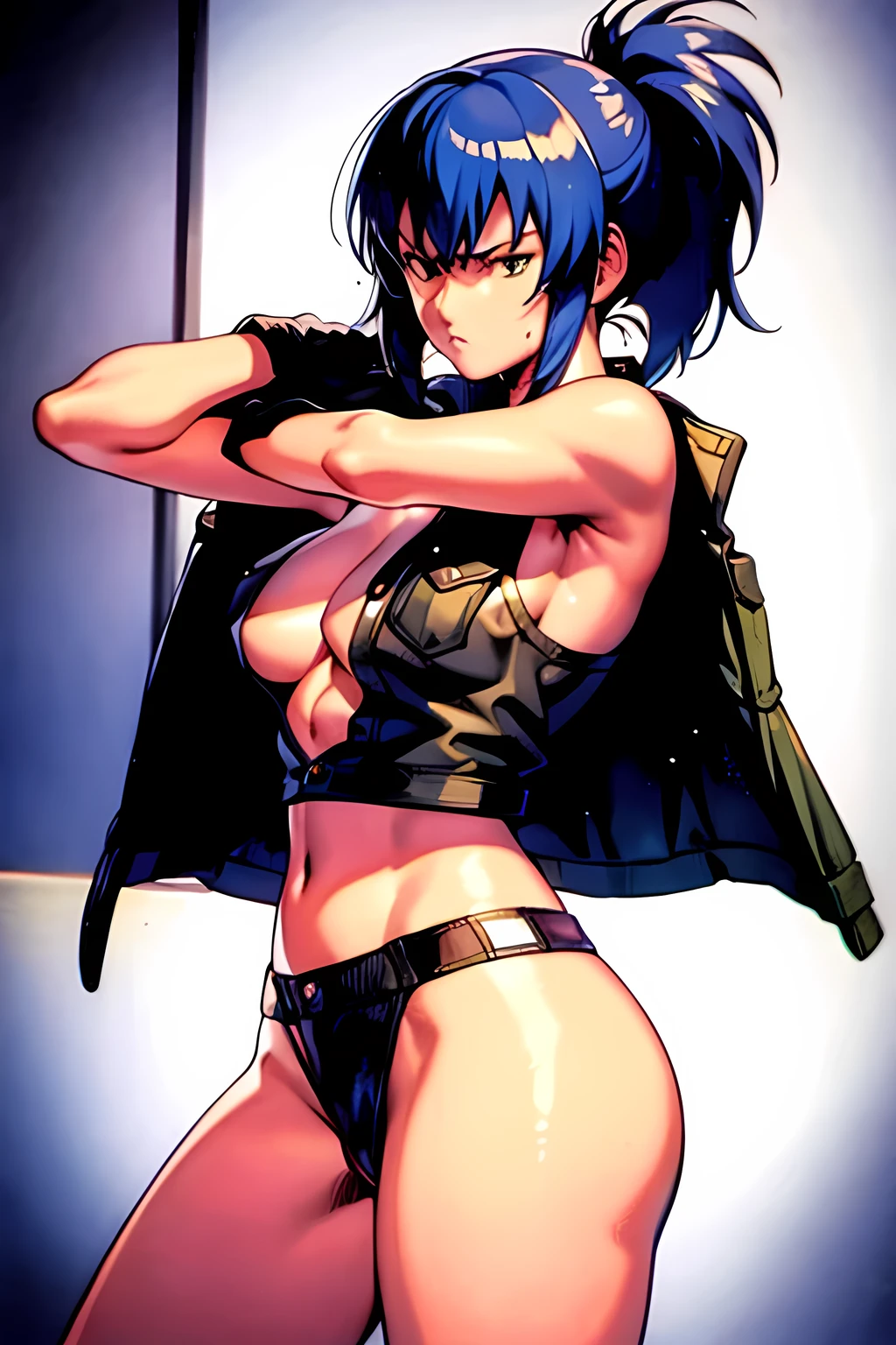 masterpiece, best quality, anime 1990s \(style\, leona heidern, naked, fully open vest, thong pants ,jungle, pony tail, wet, serious, gloves,