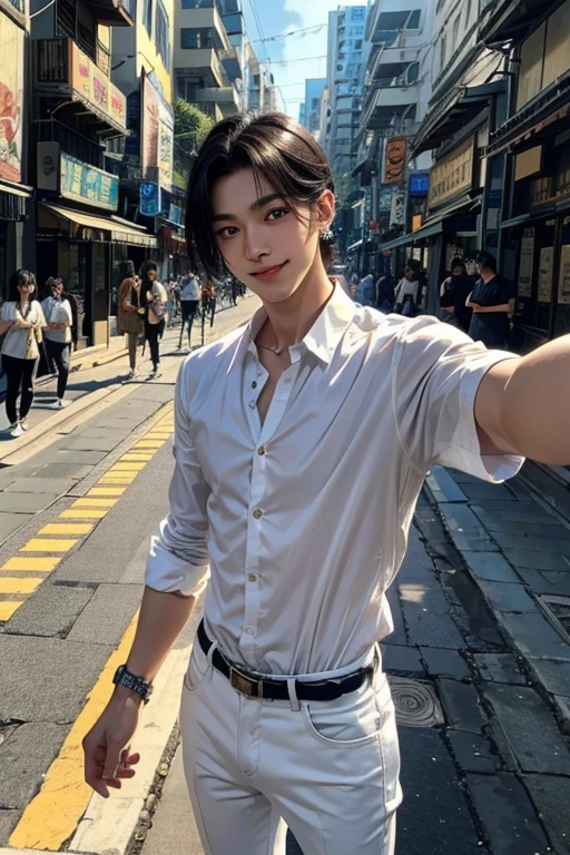 high quality,One boy, Selfie,Selfie,In the midst of the bustling streets,View Viewer, Black Hair,Center Parting,Korean cool guy,White shirt,Black skinny pants,smile, Close your mouth,alone,Natural pose,bracelet,He resembles the idol Cha Eun-woo,Korean Style,Korean,かっこいいKorean,handsome,Earrings,Depth of written boundary
