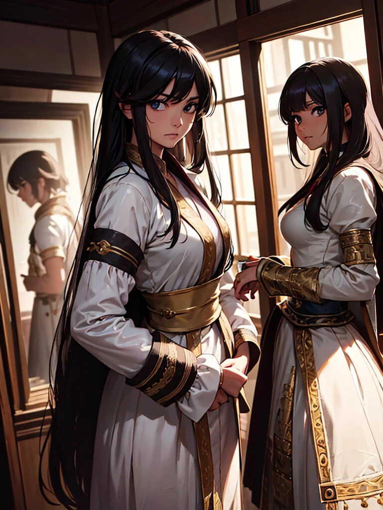 (​masterpiece、top-quality、hight resolution、Unity 8k Wallpaper、extremely details CG:1), In a secretive small room, a commoner  looks bewildered as she is approached by a nobleman. The atmosphere is tense yet private, highlighting the disparity between their social statuses. The , dressed in simple clothing, speaks in a casual, streetwise manner, saying, "Really? You're okay with someone like me?" She appears uncertain and nervous, unfamiliar with the etiquette expected in dealing with a noble. The nobleman, dressed in refined attire, looks at her with a mix of interest and amusement, creating a dynamic of unexpected interaction and mutual curiosity. 