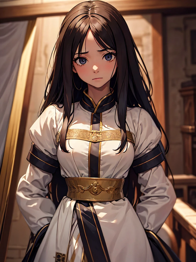 (​masterpiece、top-quality、hight resolution、Unity 8k Wallpaper、extremely details CG:1), In a secretive small room, a commoner  looks bewildered as she is approached by a nobleman. The atmosphere is tense yet private, highlighting the disparity between their social statuses. The , dressed in simple clothing, speaks in a casual, streetwise manner, saying, "Really? You're okay with someone like me?" She appears uncertain and nervous, unfamiliar with the etiquette expected in dealing with a noble. The nobleman, dressed in refined attire, looks at her with a mix of interest and amusement, creating a dynamic of unexpected interaction and mutual curiosity. 