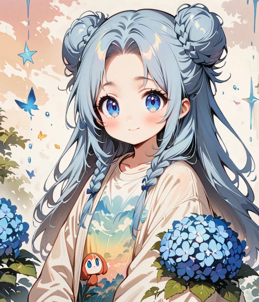 Rain falls and a rainbow appears。Hydrangea(masterpiece, Highest quality:1.2), Cartoon style character design，1 Girl, alone，Big eyes，Cute expression，Two buns hair，Floral Shirt，interesting，interesting，Two buns with clean lines、Long knit, Braid it into a thin braid and let it hang down..