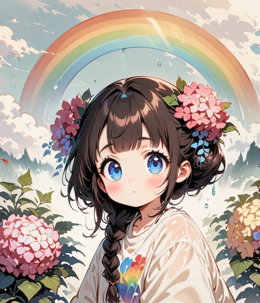 Rain falls and a rainbow appears。Hydrangea(masterpiece, Highest quality:1.2), Cartoon style character design,1 Girl, alone,Big eyes,Cute expression,Two buns hair,Floral Shirt,interesting,interesting,Two buns with clean lines、Long knit, Braid it into a thin braid and let it hang down..
