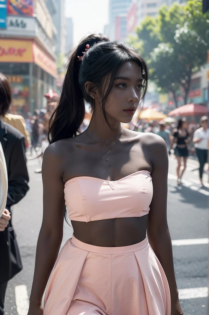 (((best quality))),(((ultra detailed))),(((masterpiece))),illustration,1girl,slim,sun-kissed skin,(vibrant rose-pink cotton dress:1.2),short ponytail,flat chest,navel,pantyhose,standing, bustling city streets, honking cars,surrounded by crowded crowds, colorful advertisements,grilled skewers,enjoying sights and sounds,(dark black skin:1.5),day scene,upper body