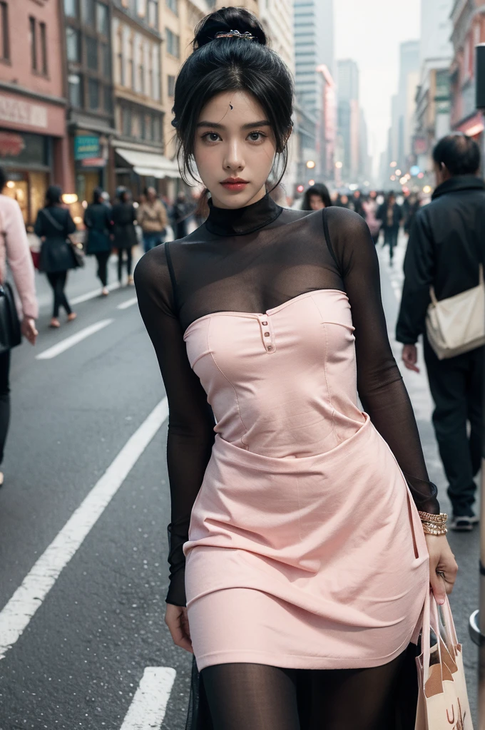 (((best quality))),(((ultra detailed))),(((masterpiece))),illustration,1girl,slim,sun-kissed skin,(vibrant rose-pink cotton dress:1.2),short ponytail,flat chest,navel,pantyhose,standing, bustling city streets, honking cars,surrounded by crowded crowds, colorful advertisements,grilled skewers,enjoying sights and sounds,(dark black skin:1.5),day scene,upper body