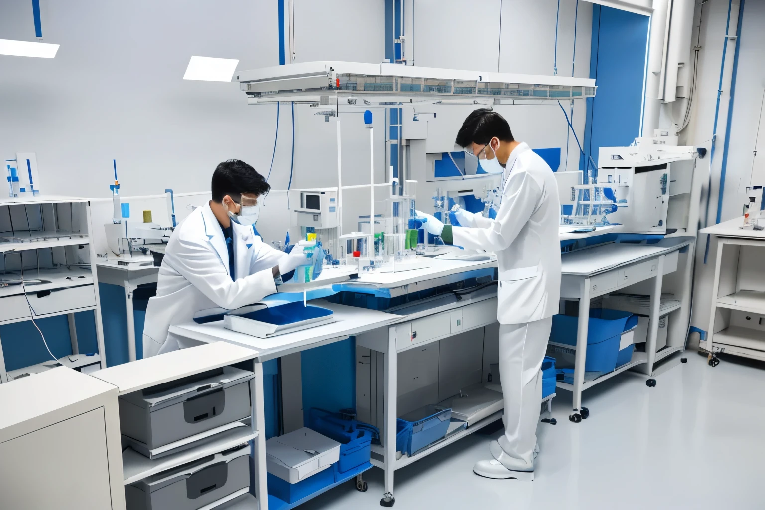 Two men in white suits working in a factory, in Future Lab room, handling laboratory equipment, Indoor laboratory scene, Advanced technology, Tidy up your room, Medical research facilities, Inside the facility, manufacturing, Photo still, high tech植入物, picture, In the lab, photolithography, high tech, high tech, Future Lab