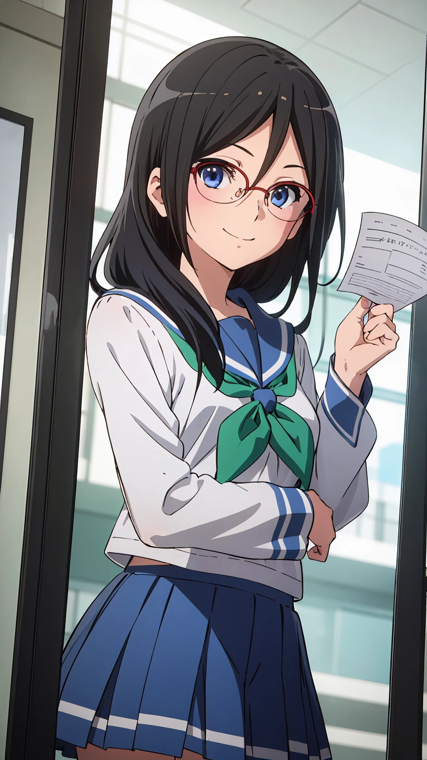 solo, 1girl, looking at viewer, sketch, flat colors, 2D, anime, anime coloring, upper body, , asuka tanaka, kitauji high , serafuku, blue sailor collar, green neckerchief, looking at viewer, smile girl, holding a blank paper viewing it to the viewer, 