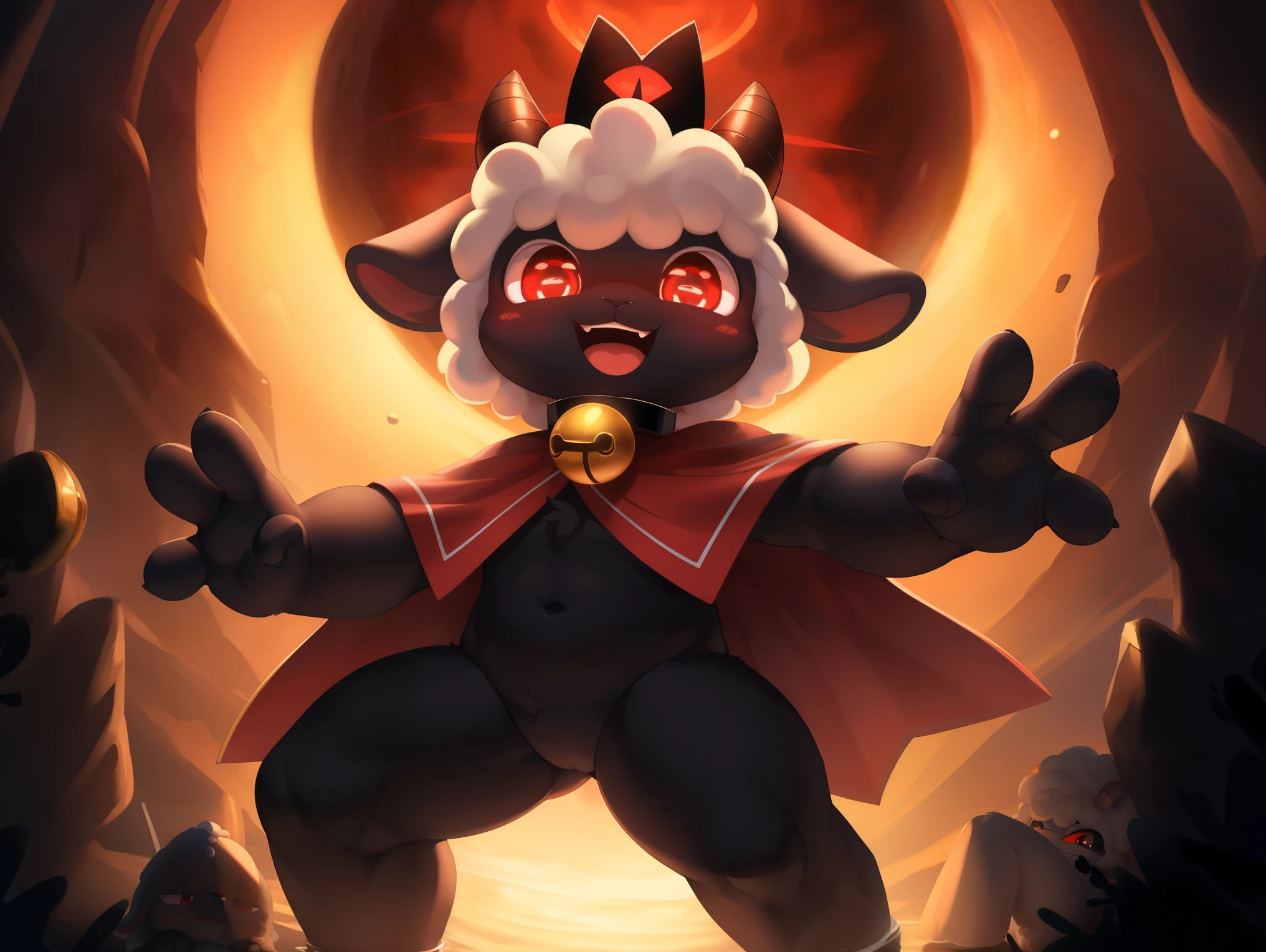 male anthro sheep, cub, (chibi), cute-fine-face, ultra cute face, cute, glossy black skin, shiny white wool, glossy black fur, ((floating)), in the air, ((reflective eyes)), expressive eyes, detailed big hands, red crown, golden bell collar, detailed red cape, (horizontal pupils), red eyes, glossy black horns, glossy wool, evil laugh, ((penis)), black balls, Very good figure, best quality, highres, 16k, Natural soft light, Tyndall effect, Advanced film lighting, Unreal Engine5, Extremely realistic, A high resolution, perfect masterpiece, high quality, high resolution