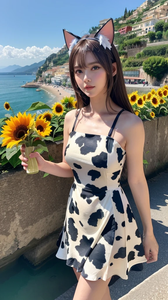 Beautiful girl walking seashore,
the stunning Amalfi Coast in Italy, with viewers enjoying the traditional Italian lemon liqueur, Limoncello, in hand as they take in the breathtaking scenery,
Capture the picturesque coastal villages along the Amalfi Coast, such as Positano, Amalfi, and Ravello, with their colorful buildings cascading down the cliffs towards the azure Mediterranean Sea,
Focus on the rugged coastline, with images of dramatic cliffs, hidden coves, and crystal-clear waters that create a paradise-like setting for relaxation and exploration,(sunflower:1.3),
(Cat ears:1.3), (Cow pattern dress:1.2),