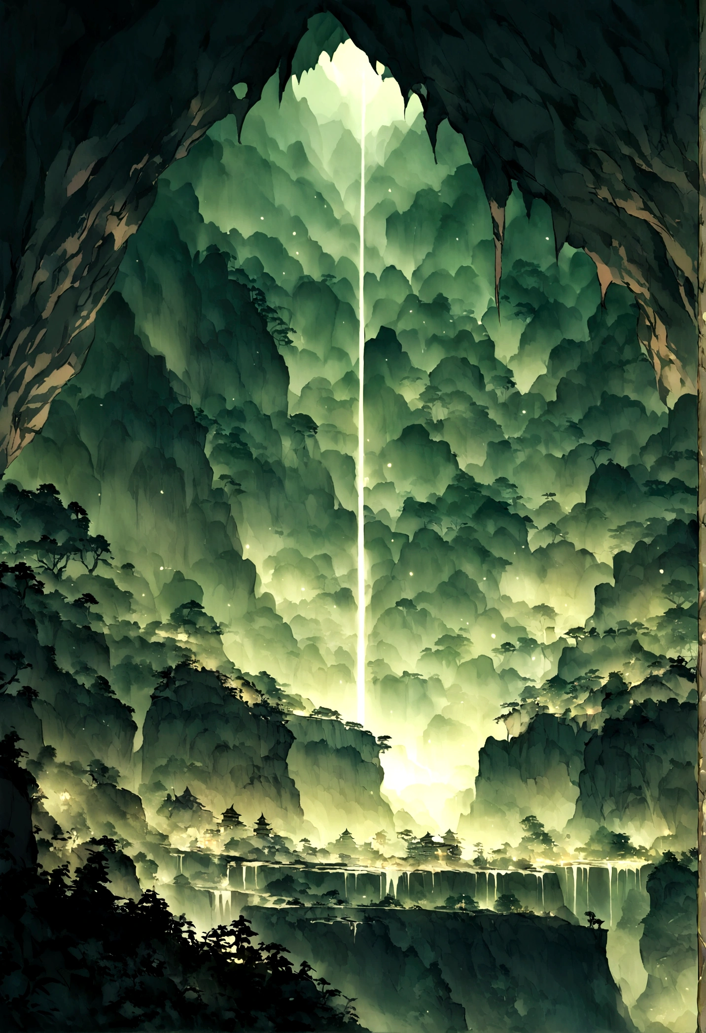 ((Chinese style,Immortal World,Xianxia World)),Mountain,Mist,(((Cave,)))mystery
