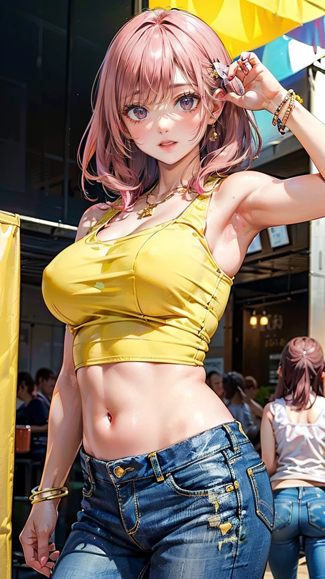(Masterpiece, BestQuality:1.3), (ultra detailed:1.2), (hyperrealistic:1.3), (RAW photo:1.2), High detail RAW color photo, professional photograph, (Photorealistic:1.4), (realistic:1.4), professional lighting, perfect , (:1.2), (blush, detailed face), (cheerful Smile:1.5), Trending Hair&Trending Hairカラーをランダムに, earrings, necklace, bracelet, sexly,  sexly, Random  gravure poses, (A pink-haired beauty in a yellow top and cut-off jeans、Smiling and posing  at a summer food festival。:1.3)