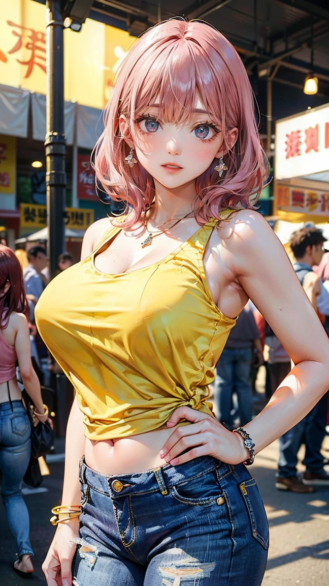 (Masterpiece, BestQuality:1.3), (ultra detailed:1.2), (hyperrealistic:1.3), (RAW photo:1.2), High detail RAW color photo, professional photograph, (Photorealistic:1.4), (realistic:1.4), professional lighting, perfect anatomy, (Big Breasts:1.2), (blush, detailed face), (cheerful Smile:1.5), Trending Hair&Trending Hairカラーをランダムに, earrings, necklace, bracelet, sexly, erotic sexly, Random sexy gravure poses, (A pink-haired beauty in a yellow top and cut-off jeans、Smiling and posing sexy at a summer food festival。:1.3)