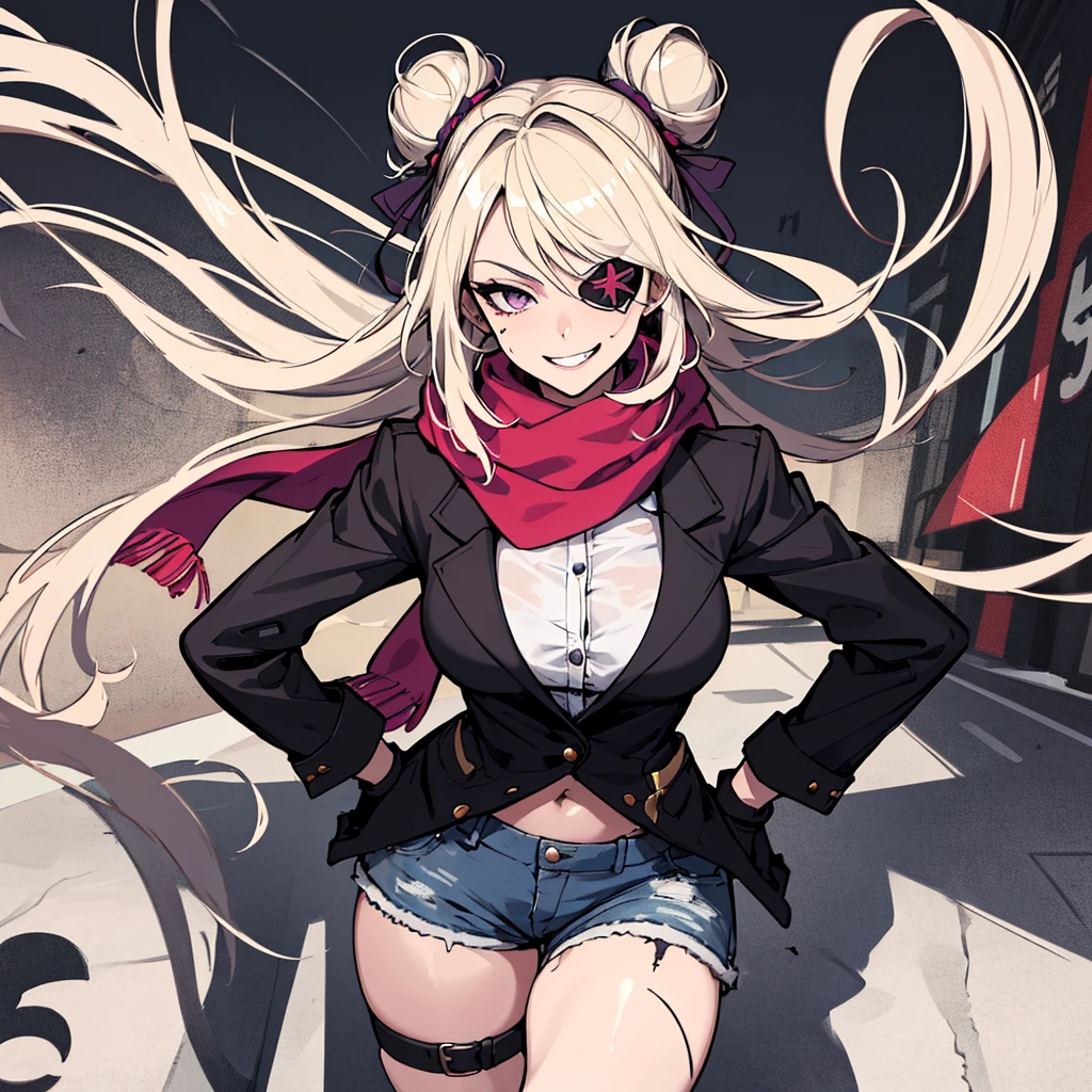 (absurdres, 8k, 4k, masterpiece, hyper extreme detailed:1.2), solo, 1girl, front view, perfect face, 1girl, portrait, looking at viewer, solo, standing, Female, toned body, mature female, medium breasts, pale, blonde hair, medium hair, sarcastic, delinquent, purple eyes, swept bangs, scars, casual wear, street wear, gross, messy, dirty, bloody, snarky, smirk, medium body, gyaru, crazy face, crazy smile, crazy eyes, hands on hips, shorts, wind, windy hair, moving hair, black ribbon, hair buns, adventurous, scarf, gloves, draping hair, eye patch, shirt,
