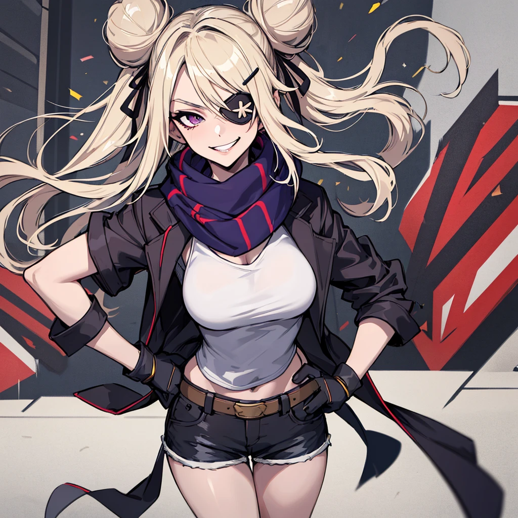 (absurdres, 8k, 4k, masterpiece, hyper extreme detailed:1.2), solo, 1girl, front view, perfect face, 1girl, portrait, looking at viewer, solo, standing, Female, toned body, mature female, medium breasts, pale, blonde hair, medium hair, sarcastic, delinquent, purple eyes, swept bangs, scars, casual wear, street wear, gross, messy, dirty, bloody, snarky, smirk, medium body, gyaru, crazy face, crazy smile, crazy eyes, hands on hips, shorts, wind, windy hair, moving hair, black ribbon, hair buns, adventurous, scarf, gloves, draping hair, eye patch, shirt,