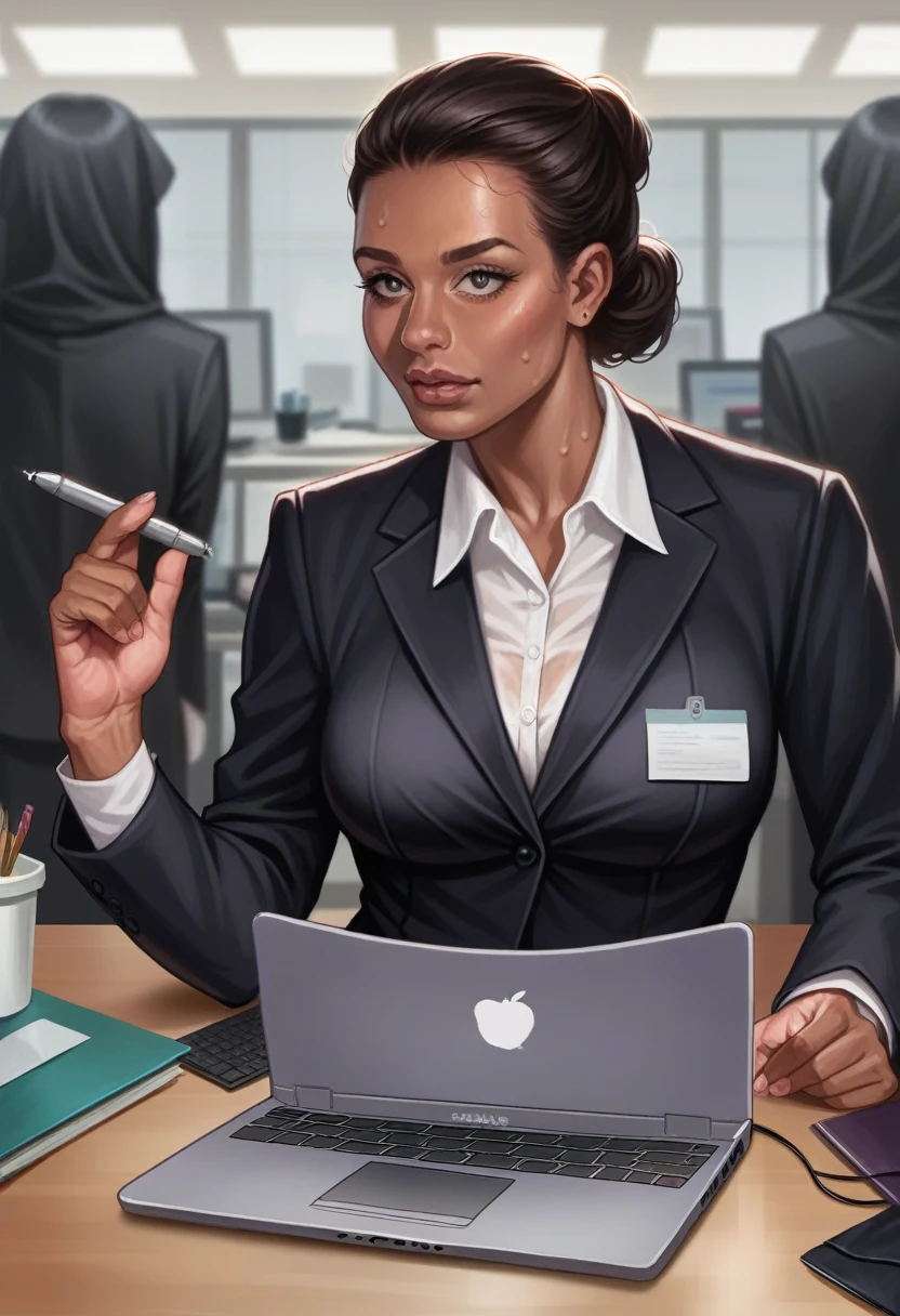 (masterpiece, 8k, highest quality, ultra detailed:1.37), (Nyla), 55 years old, (a sexy indian model: 1.3), (wearing a black formal suit: 1.4), cleveage, (dark skin tone: 1.3), big tits and ass, candid photography, sweaty, classy look, detailed skin texture, (working in her office with laptop: 1.2), Photorealistic, mind blowing