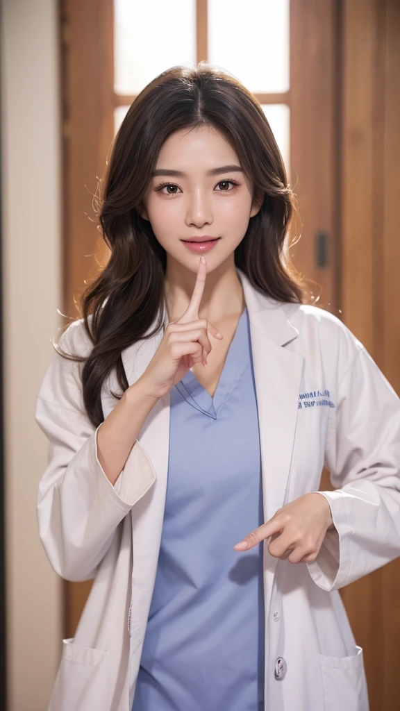 (masterpiece, best quality), 1girl, A beautiful slim Japanese woman, wearing ((white lab coat)), [[light blue nurse outfit]], [stockings], (((fingersmile))), (cowboy shot), extremely detailed face and eyes, detailed facial features, intricate details, realistic, photorealistic, photo-realistic:1.37, best quality, 8k, masterpiece:1.2, ultra-detailed, vivid colors, studio lighting, physically-based rendering, ((perfect face)), hospital room