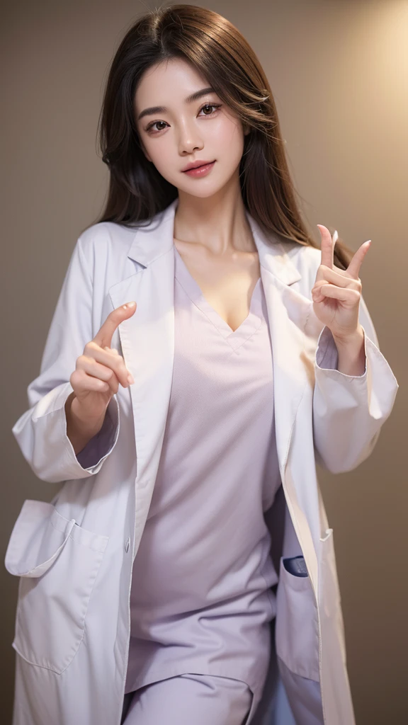 (Cowboy shot:1.2), smiling elegant slim asian woman, Japanese, wearing (((open labcoat over scrubs))), brown hair, (finger heart:1.5), (modern hospital room), photo, 1girl, ultra high res, realistic photorealistic, ultra-detailed, finely detailed, high resolution, perfect dynamic composition, (perfect eyes), (detailed eyes), solid circle eyes, ccurate, sparkling eyes, (clean eyes), anatomically correct, super detail, textured skin, extremely detailed face and eyes, detailed facial features, ((perfect face)),