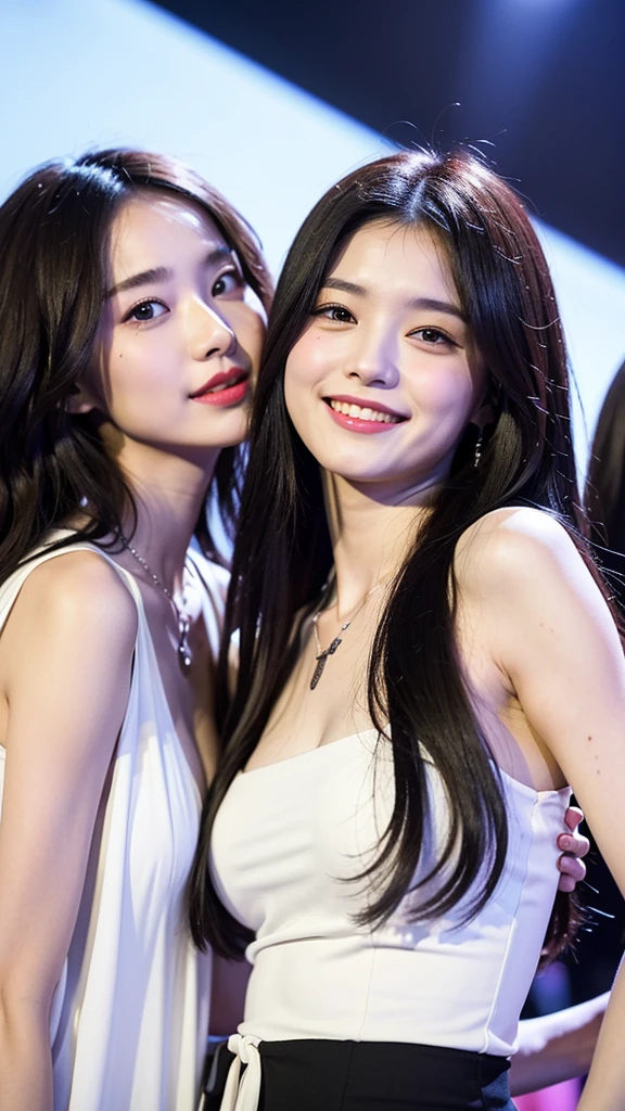 (Extra detailed body、The face is rich in detail、Best quality:1.2)、Three sweet 20-year-old girls、Looking at the audience、(Quirky stylish、Korean girl group、A necklace、Contrast purple, White and black clothes、Asymmetry),Large Breasts