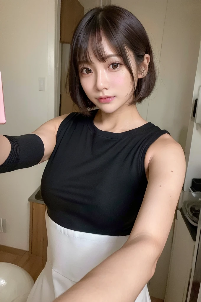 (8K, Raw photography, best quality, masterpiece, realisitic, photo-realsitic:1.6), clear, professional lighting, ultra high res,ultra detailed, 1 japanese married woman, 30-years-old, Balanced build,  Body, (tiny Height:1.5), (Blunt Bangs:1.3), (medium log hair:1.2), Brown hair, medium , (round face:1.5), beautifull detailed face, (no-makeup look:1.5), Beautiful detailed skin, Skin Texture, captures (selfie:1.8) with a shy smile, embarrassed, blush, in kitchen, she wears (black:1.3) T-shirt.