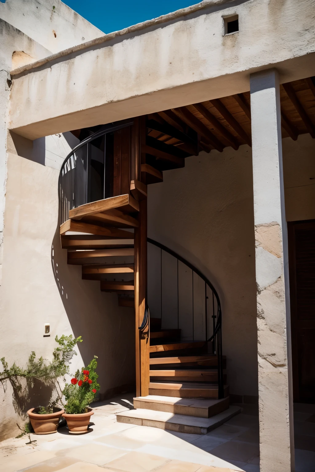 You can generate an image of a house built in 1970 in the city of Oaxaca with the following characteristics: flown slabs, circular staircase, 1 single square window, apparent septum texture