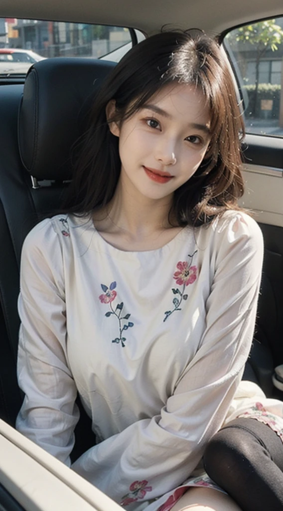 (1 Korean celebrities with royal sister style), ((best quality, 8K, masterpiece: 1.3)), focus: 1.2, Perfect body proportions: 1.4, (Smile),  （Ray tracing）,Big watery eyes, Highly detailed face and skin textures, beautiful eyes, double eyelids, (Do it in the car:1.3),Whitens skin, (Waves: 1.3), (round face: 1.5), (floral dress: 1.4), (Black stockings: 1.4),(film grain style:1.3)，Sense of atmosphere