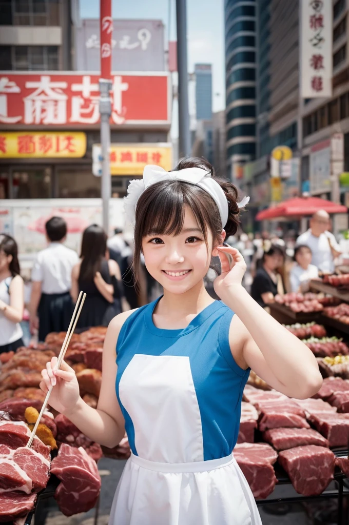 Portray a person with a cute hairstyle , sporting a sweet smile, while enjoying a meat bun, all depicted in the style of Japanese photography with hyper-realistic portraits. Dress the individual as a cheerleader and incorporate instruments typically used in an orchestra. Utilize a local cityscape as the background and experiment with shades and out-of-focus elements using an instant camera